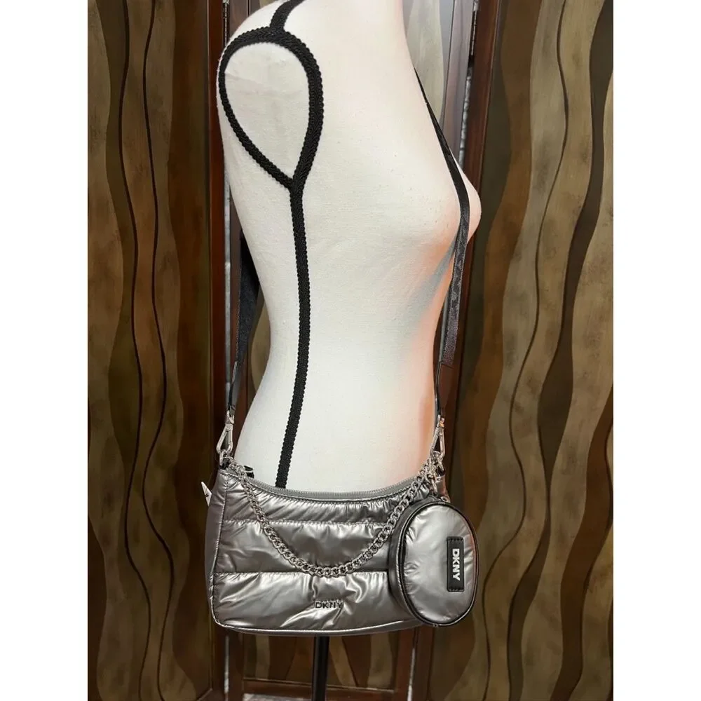 NWT DKNY Metallic Gray Cairo MD Pouchette Quilted Crossbody Bag